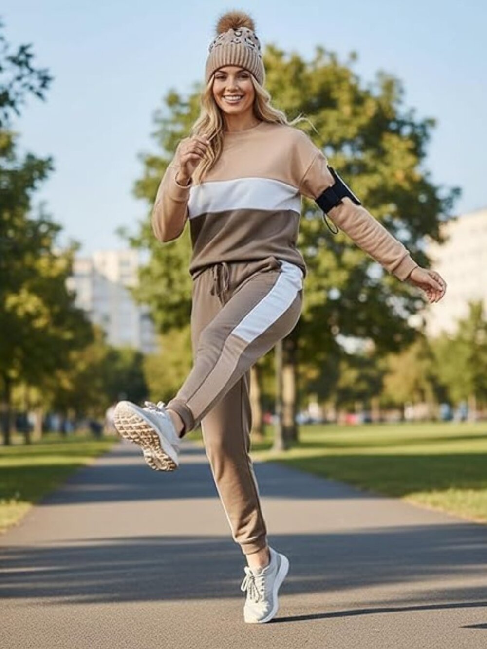 Two Piece Set Loungewear Colorblock Track Suit, Apricot and Mocha, Size XL